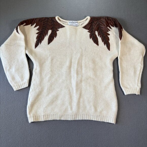 Vintage Emilio Rossi Lambswool Angora Sweater White Knitted Brown Leafs Sz M - Picture 1 of 13